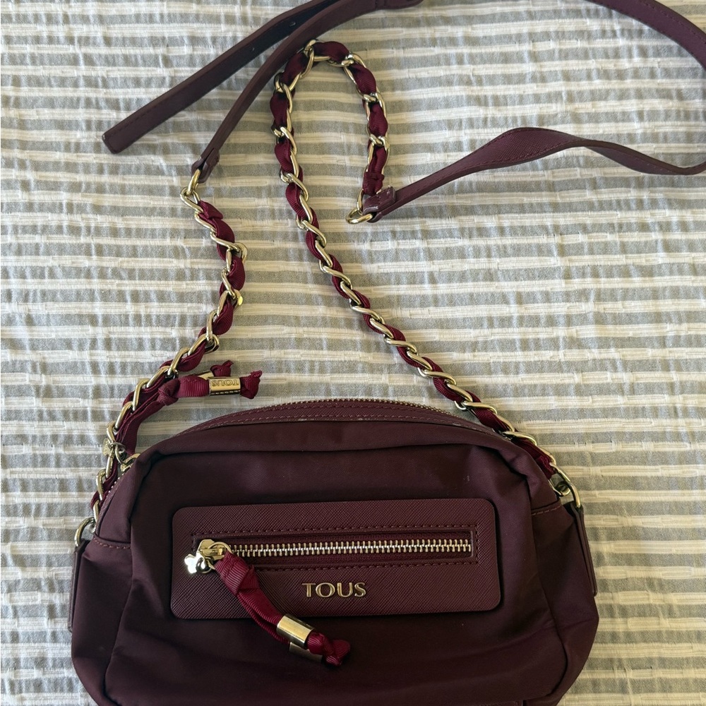 TOUS AUTHENTIC-  Burgundy Crossbody Bag with Gold Chain